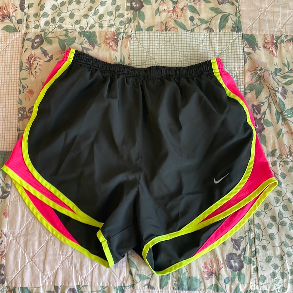 Nike Grey Dri-Fit Running Shorts with Pink and Yellow Detailing - Size Small